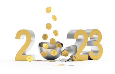 Gold coins fall into a broken Christmas ball with the number 2023. 3D illustration