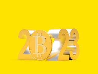 Bitcoin with golden number 2023 on a yellow background. 3D illustration