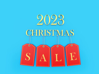 Blue banner with Christmas sale 2023. 3D illustration