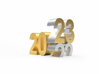The golden number of the new year 2023 has changed the outgoing silver number 2022. 3D illustration