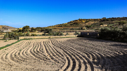 A rural landscape near Victoria on the Mediterranean island of Gozo in the Maltese archipelago.