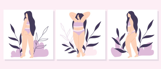 Set of bodypositive posters with a girl. Collection of postcards with a girl in lingerie. Flat style. Vector illustration.