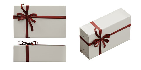 White gift box with red ribbon set isolate on white background. 3D Render	
