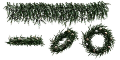 Bush Foliage pine christmas tree  set isolate on white background. 3D Render