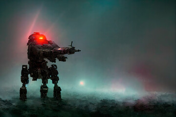 Background with copy space: fantasy night battle scene of a sci-fi mech robot in an attacking pose with a laser sight is  attacking smth,  Generative AI	 - obrazy, fototapety, plakaty