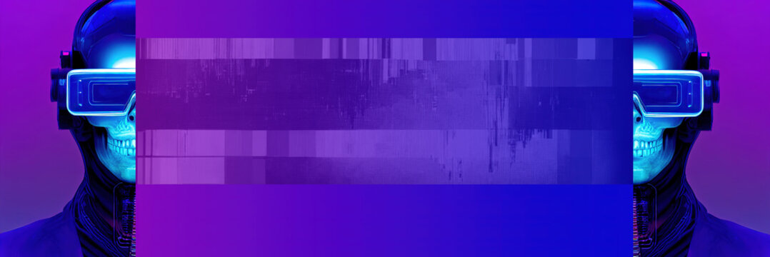 blue and purple background with half head scull-faced  cyborg  and cope space with Broken videotape, television signal error effect