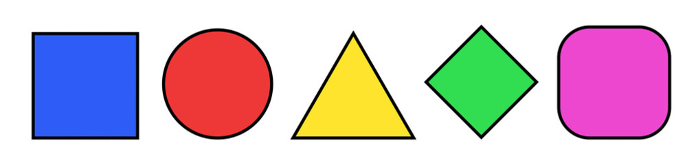 A set of simple colorful geometrical shapes with a black border: blue square, red circle, yellow triangle, green diamond, pink rounded rectangle.
