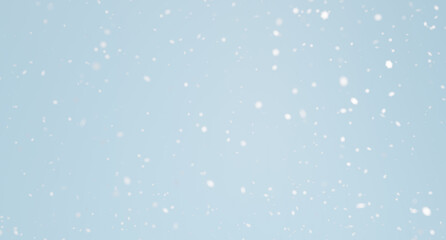 3d rendering of snowfall against blank pale blue background. Seasonal winter theme illustration, falling snow