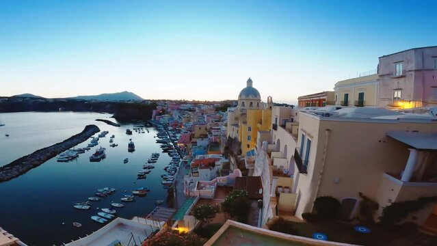 Capri city buildings after sunset in the mediterranean sea