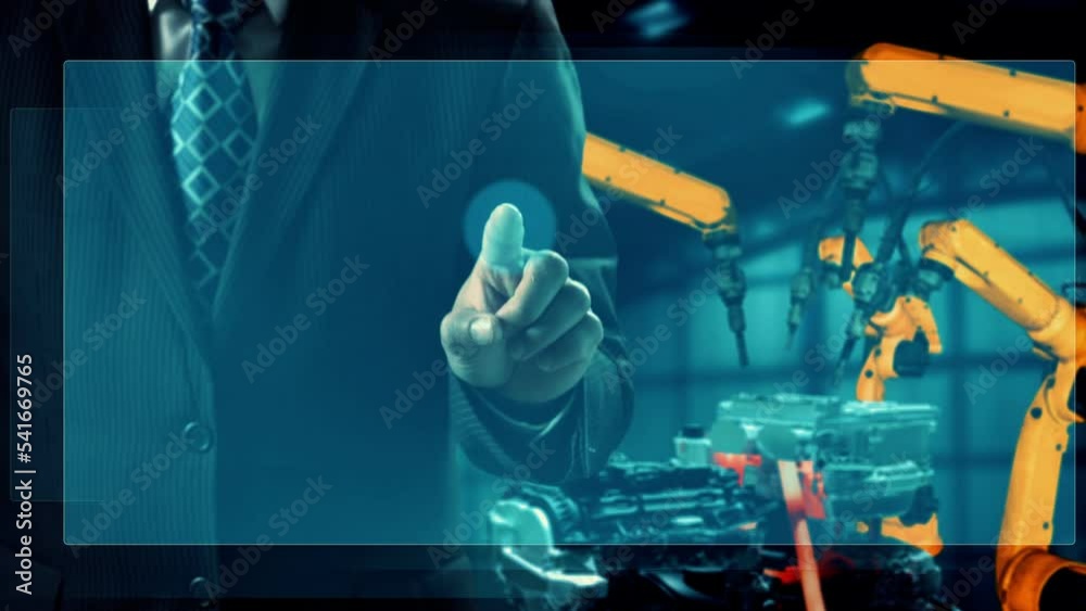 Poster engineer use cybernated robotic software to control industry robot arm in factory . automation manuf