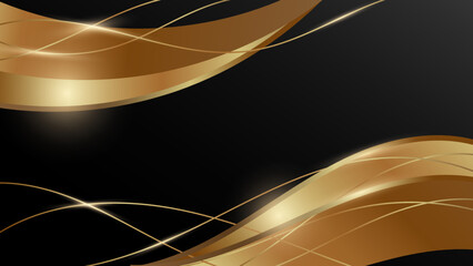 Abstract black and gold with ribbons template and shiny glitter halftone