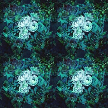 薔薇、芍薬、牡丹のボタニカルブーケと螺鈿模様のシームレスパターンイラスト © NORIMA