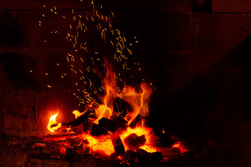 close-up of wooden planks burning in a bonfire