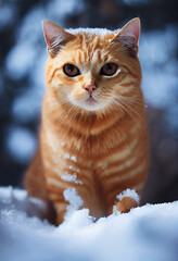 Cute red tabby Kitten in the snow in winter