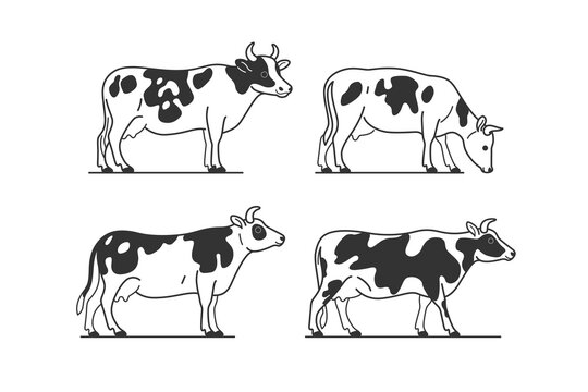 Cartoon cow icon set. Cute animal character in different poses. Vector illustration for prints, clothing, packaging, stickers.