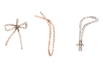 Set of hand drawn ropes. Watercolor realistic illustrations  isolated on transparent.