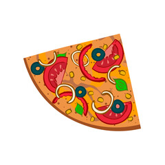 Appetizing pizza with tomato, olives, sweet pepper. Cut off piece. Tasty food. Lunch menu at the pizzeria. Cartoon vector outline illustration isolated on white background. Top view