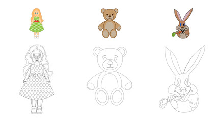 Children's coloring book, girl doll, teddy bear and cheerful hare for drawing