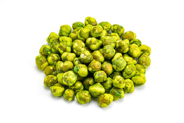 High angle view pile of crispy spicy wasabi coated green peas.