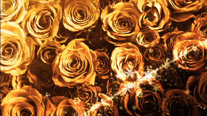 バラの背景に雪の結晶とキラキラが舞う