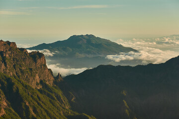 Panoramic views from the Roque de los Muchachos of the Caldera de Taburiente National Park, the Cumbre Vieja Natural Park, Tenerife, La Gomera and El Hierro on the island of La Palma. Canary Islands. 