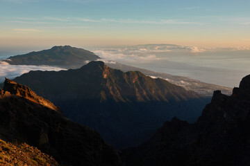 Panoramic views from the Roque de los Muchachos of the Caldera de Taburiente National Park, the Cumbre Vieja Natural Park, Tenerife, La Gomera and El Hierro on the island of La Palma. Canary Islands. 
