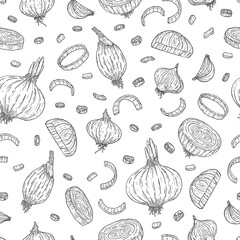 Onion, leek, onion rings, slices. Hand-drawn seamless pattern. Sketch black and white color. Vector illustration. Doodle. Fresh, organic vegetables from the garden. Healthy food with vitamins. Spices.