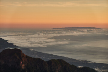 Panoramic views from the Roque de los Muchachos of the Caldera de Taburiente National Park, the Cumbre Vieja Natural Park, Tenerife, La Gomera and El Hierro on the island of La Palma. Canary Islands. 