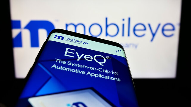 Stuttgart, Germany - 10-23-2022: Mobile phone with webpage of Israeli autonomous driving company Mobileye on screen in front of business logo. Focus on top-left of phone display.