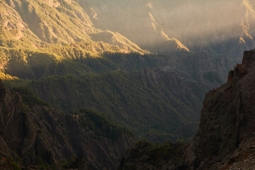 Fototapeta premium Panoramic views from the Roque de los Muchachos of the Caldera de Taburiente National Park, the Cumbre Vieja Natural Park, Tenerife, La Gomera and El Hierro on the island of La Palma. Canary Islands. 