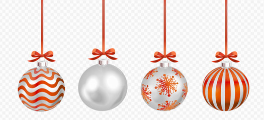 Set of realistic vector silver christmas ornaments with red bows on transparent background.