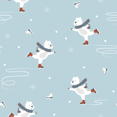 Bear ice skater with snowflakes seamless pattern