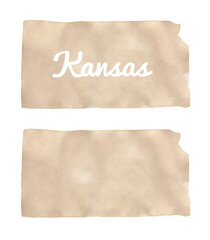 Watercolour illustration set of Kansas State Map Silhouette in natural light beige color. Blank template and with text lettering. Hand painted water color drawing on white, isolated clip art elements.