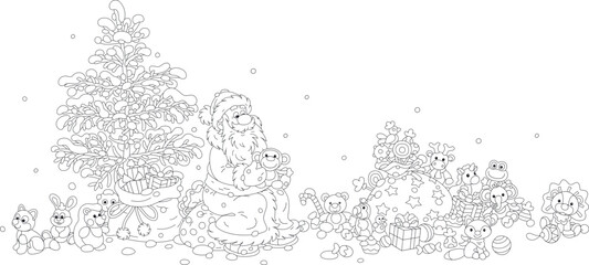 Santa Claus and a snowy Christmas tree surrounded by many colorful gifts, sweets and funny toys, vector cartoon illustration isolated on a white background