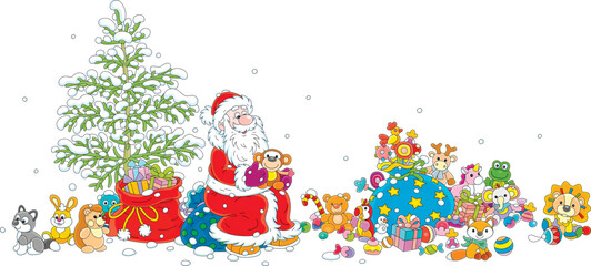 Santa Claus and a snowy Christmas tree surrounded by many colorful gifts, sweets and funny toys, vector cartoon illustration isolated on a white background