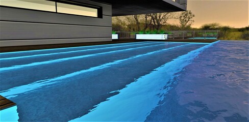 Illuminated steps under warm water of the amazing rooftop pool of the stunning suburban cottage in the night. 3d rendering.