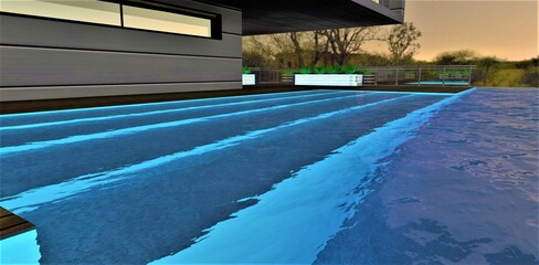 Fototapeta premium Illuminated steps under warm water of the amazing rooftop pool of the stunning suburban cottage in the night. 3d rendering.