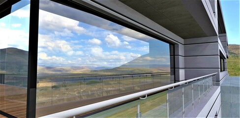 Railing on the balcony of an elite country hotel finished with metal panels with insulation inside. Innovative aesthetic material. 3d rendering.