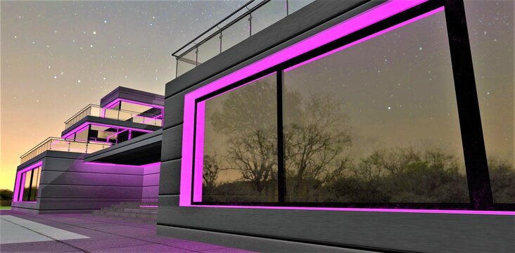 Purple illumination of the contemporary low-rise office in the night. Cool picture for business estate designers. 3d rendering.