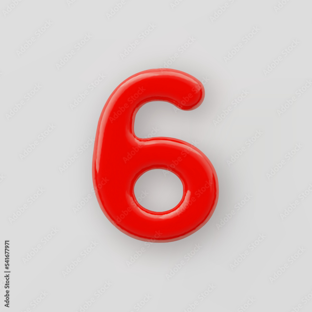 Fototapete 3d red plastic number 6 with a glossy surface on a gray background.