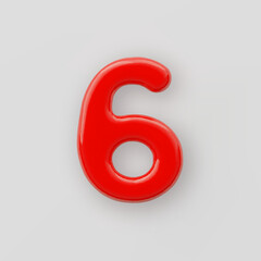 3D Red plastic number 6 with a glossy surface on a gray background.