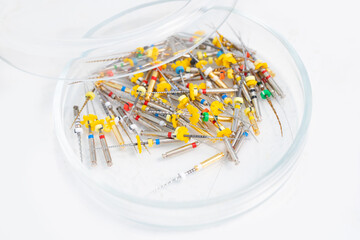 Insulated Dental Universal Pro Tapers Set. Drills for root canal treatment. White background. Petri dish with probes