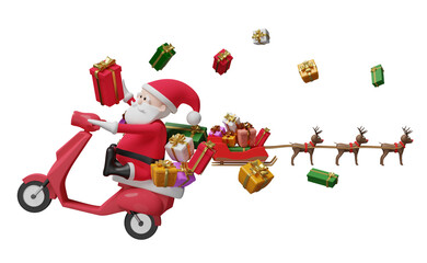 Santa claus with scooter, reindeer sleigh, gift box isolated. website, poster or Happiness cards, festive New Year, online delivery order tracking concept, 3d illustration or 3d render