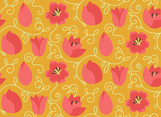 Seamless pattern with tulip heads. Beautiful nature texture in flat style.