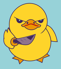 A funny illustration of a cute duck aggressively holding a knife.
