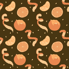 Orange seamless pattern. Exotic tropical mandarin citrus fruit, juicy slice tangerine and peel, cartoon minimalistic texture, textile, wallpaper, print on brown background
