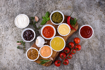 Set of different sauces. Ketchup, mustard and mayonnaise