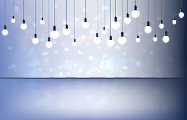 Blue empty background, scene or room with floor, wall and hanging incandescent lamps.