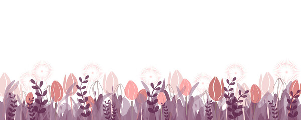 Vector illustration. Pattern Pink tulips, flowers, dandelions, lilac, pastel, pink tones. Summer, spring style. Design of postcards, advertising, floral, wedding design, website design