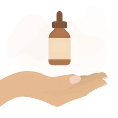 A woman's hand holds a oil bottle. Cosmetics for hair, body and facial skin care. Beauty product on a pink background. Spa treatments. Vector illustration.